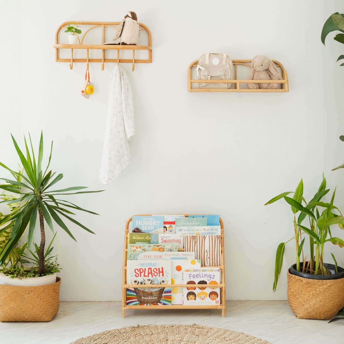 Elena Montessori Bookshelf for Kids — Rattan & Wood Display Shelf in Natural or White