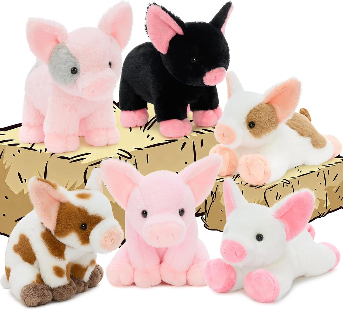 6 Pack Pig Stuffed Animals, 10 Inch Assorted Pig Plush Toys Set | 6 Assorted Pigs Bulk, Soft Plush Fabric, Cute Farm Animal Set, Party Favor Pack, Birthday Christmas Gift