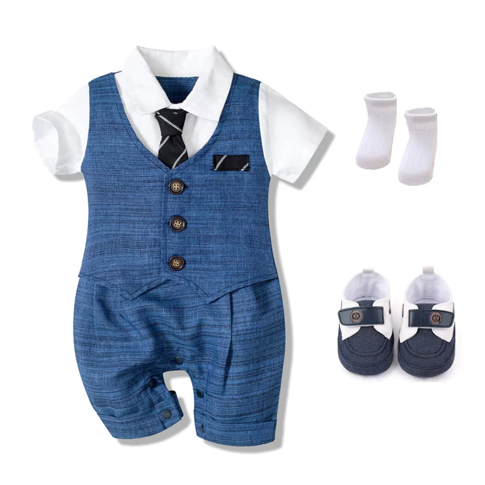 Summer Baby Romper Suit Newborn Boys Formal Clothing Children Hat + Jumpsuit + Shoes + Socks 4 Pieces Outfit Blue Costume