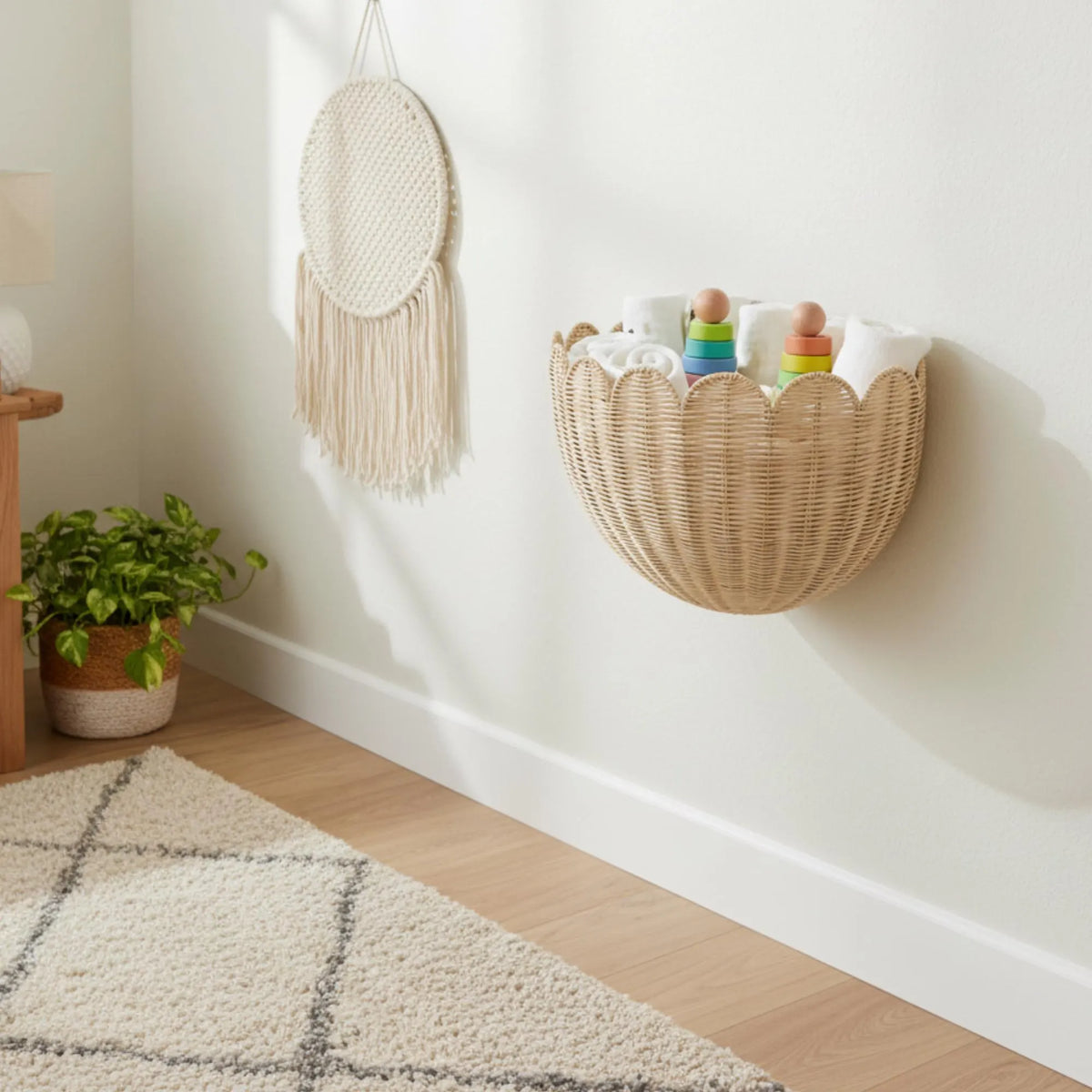 Hand-Woven Rattan Wall Basket, Custom Boho Nursery Storage
