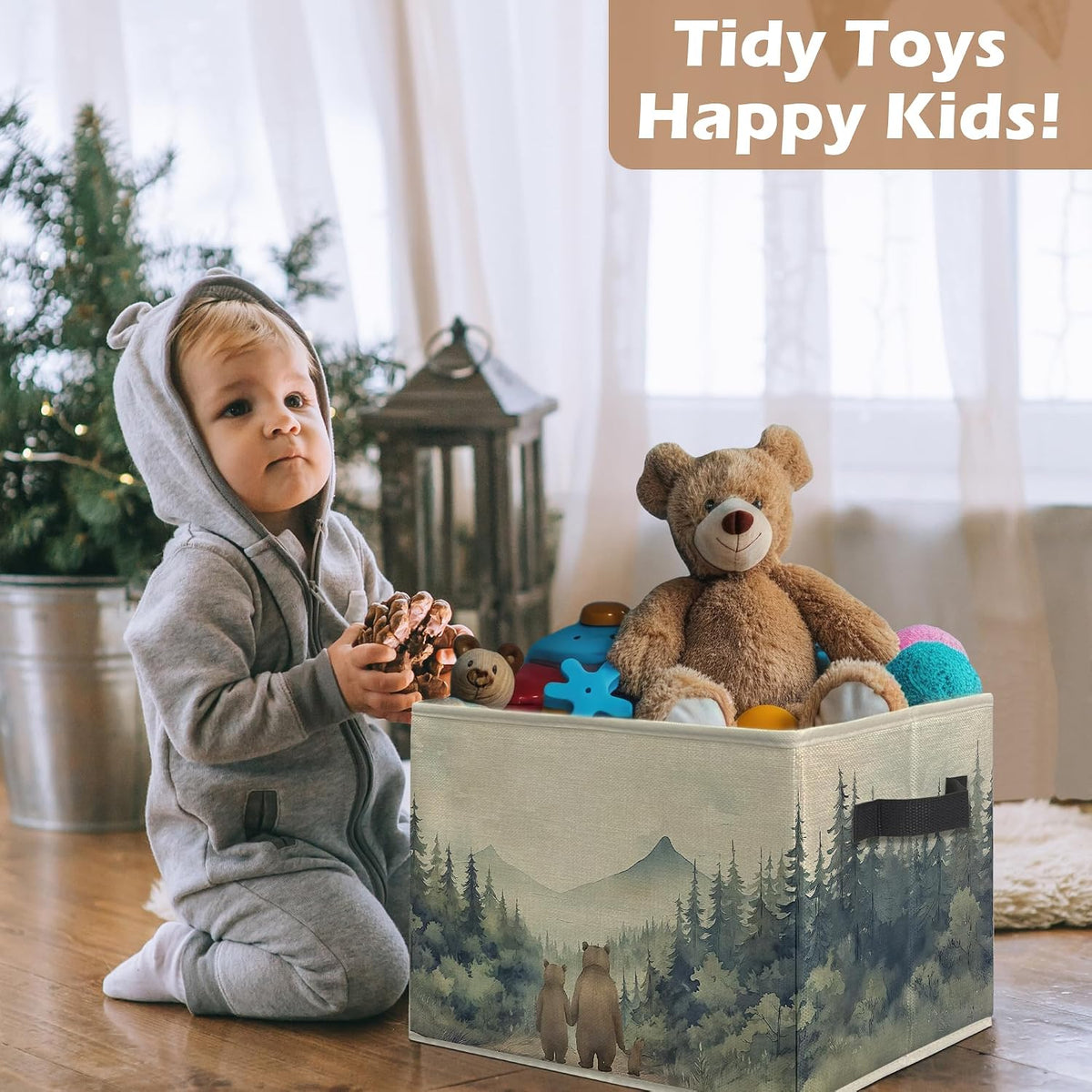 Forest Bear Nursery Storage Bins, Watercolor Forest Animal Collapsible Storage Box Laundry Basket with Handle for Kids Bedroom Bathroom Playroom Nursery Clothes Toys Books