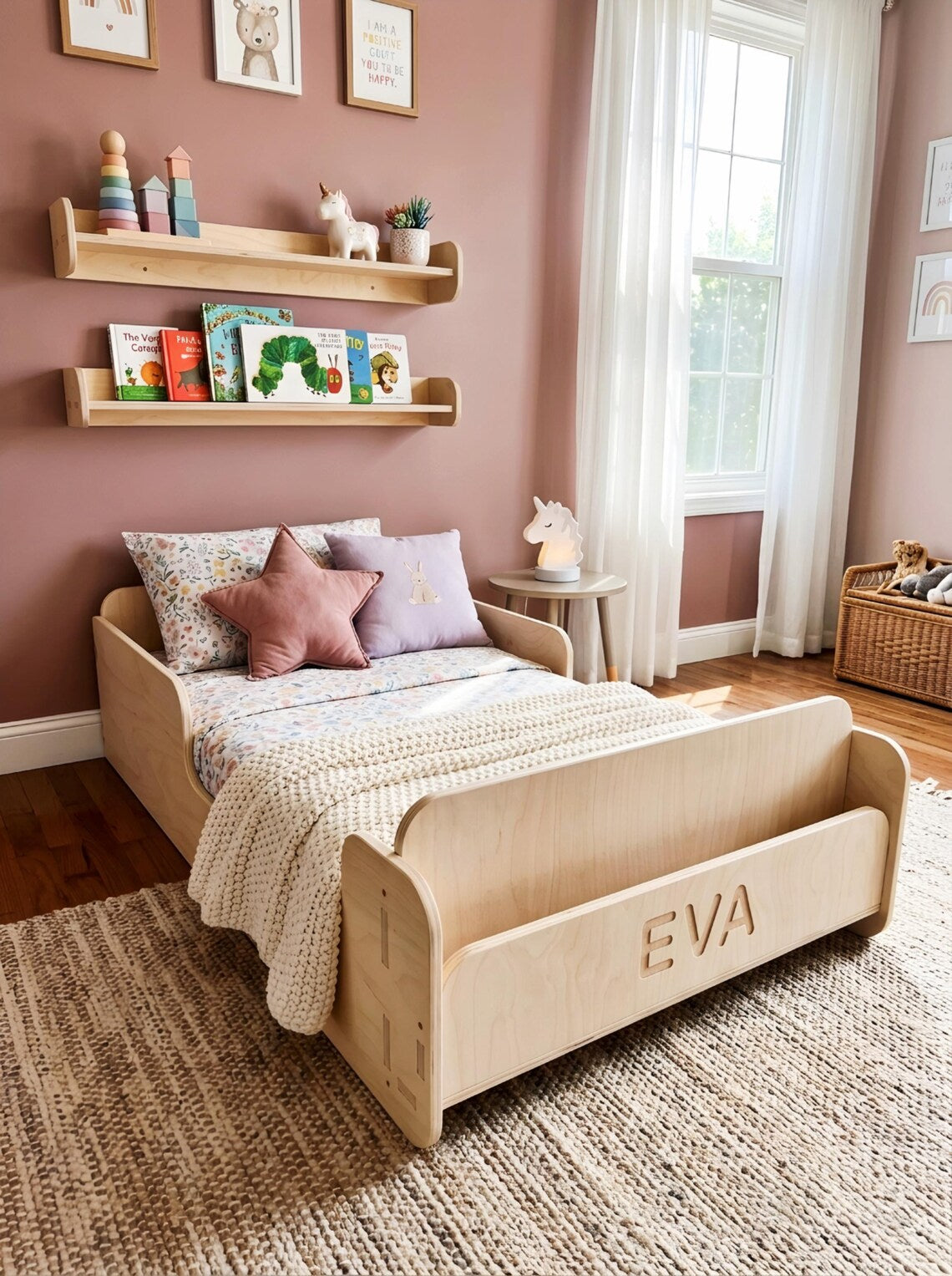 Montessori Floor Bed for Toddlers — Solid Wood with Optional Bookshelf or Toy Shelf Front