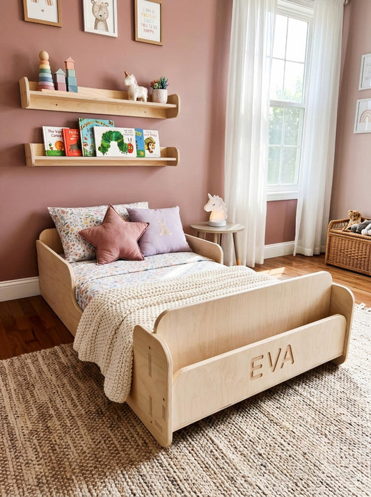 Montessori Floor Bed for Toddlers — Solid Wood with Optional Bookshelf or Toy Shelf Front