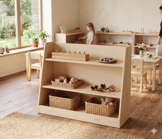 Montessori Toy Shelf for Kids — Solid Baltic Birch Wood Playroom Organizer