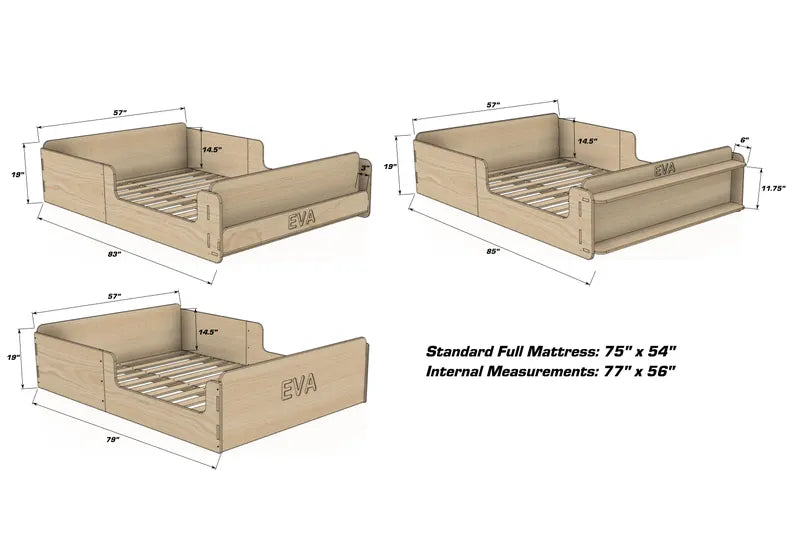Montessori Floor Bed for Toddlers — Solid Wood with Optional Bookshelf or Toy Shelf Front