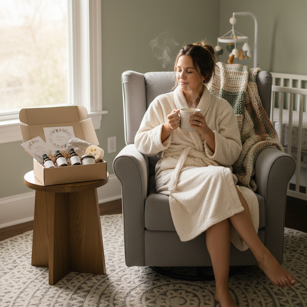 New mom in cozy nursery enjoying her deluxe postpartum care gift box